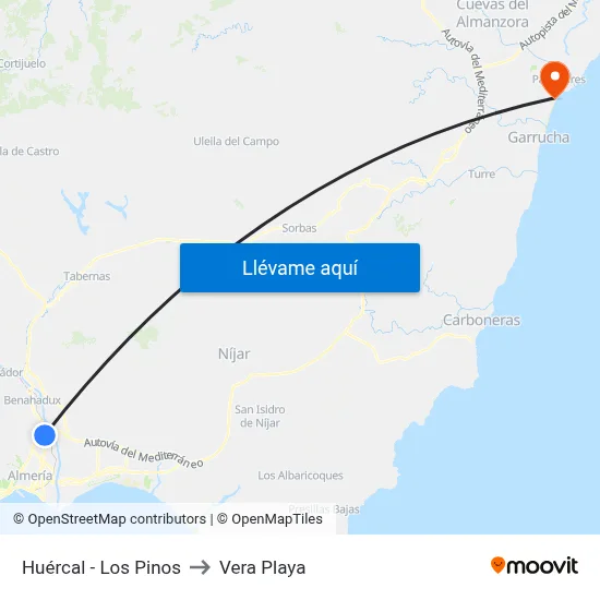 Huércal - Los Pinos to Vera Playa map