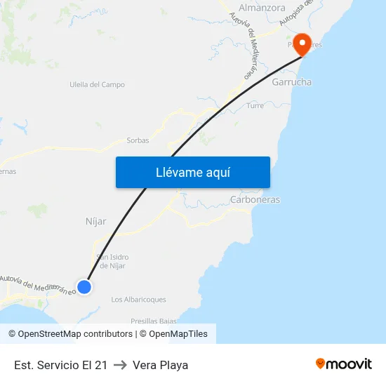 Est. Servicio El 21 to Vera Playa map