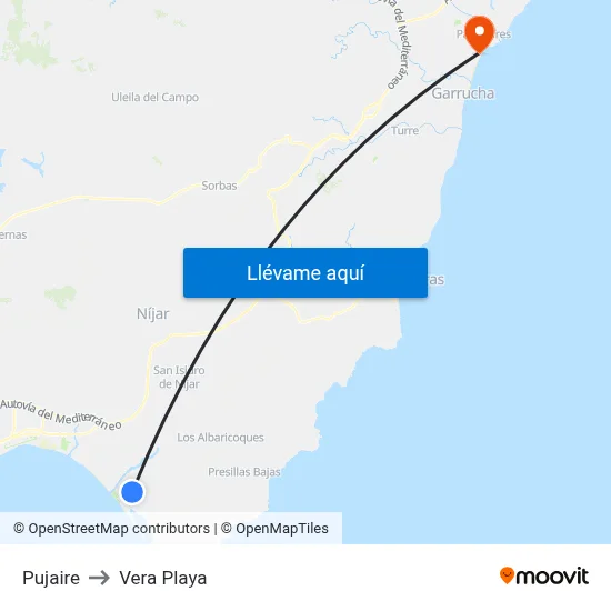 Pujaire to Vera Playa map
