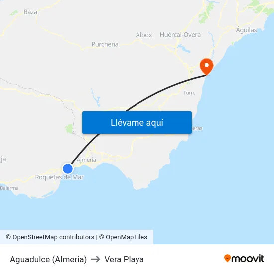 Aguadulce (Almeria) to Vera Playa map
