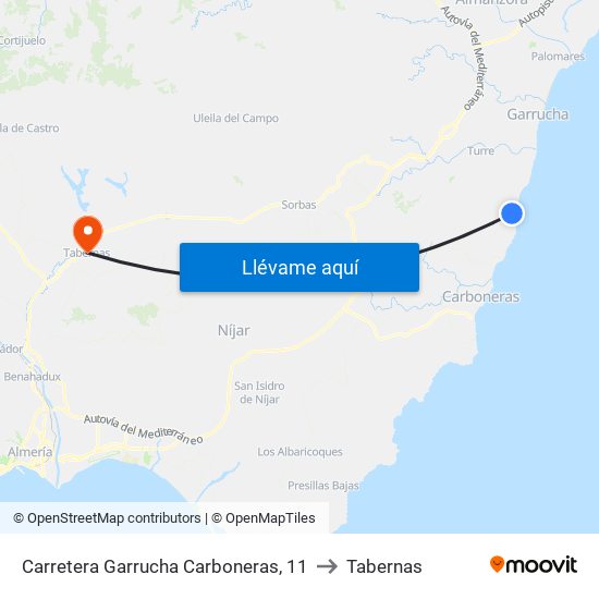 Carretera Garrucha Carboneras, 11 to Tabernas map