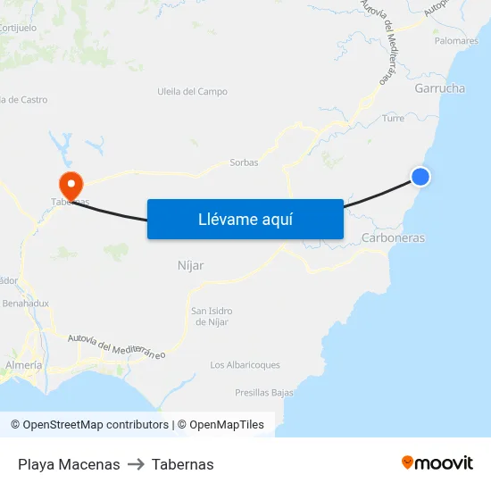 Playa Macenas to Tabernas map
