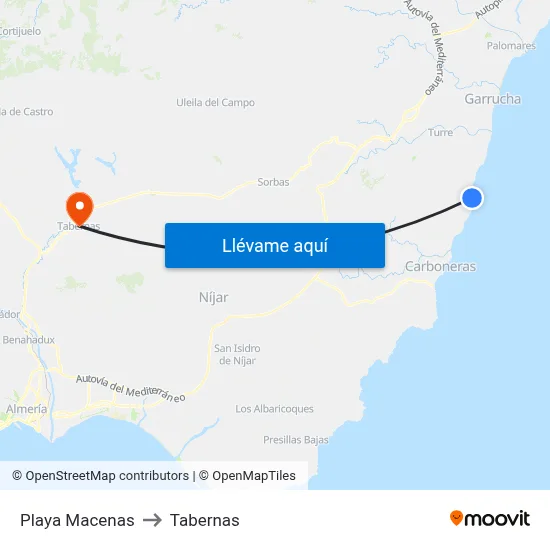 Playa Macenas to Tabernas map