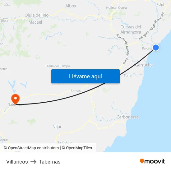 Villaricos to Tabernas map
