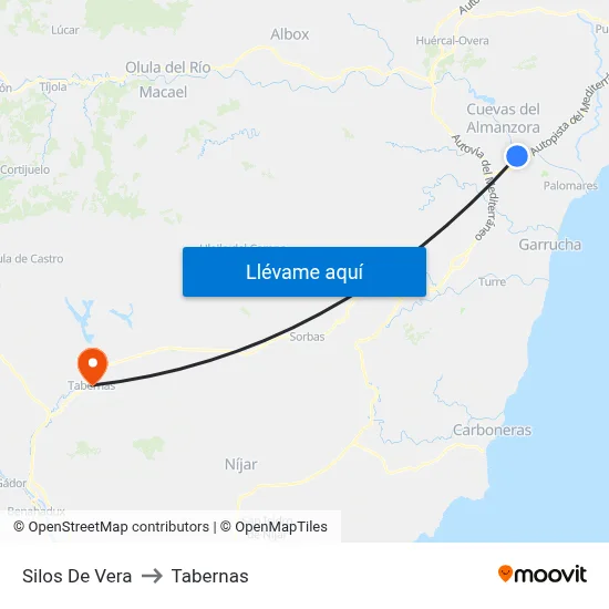 Silos De Vera to Tabernas map