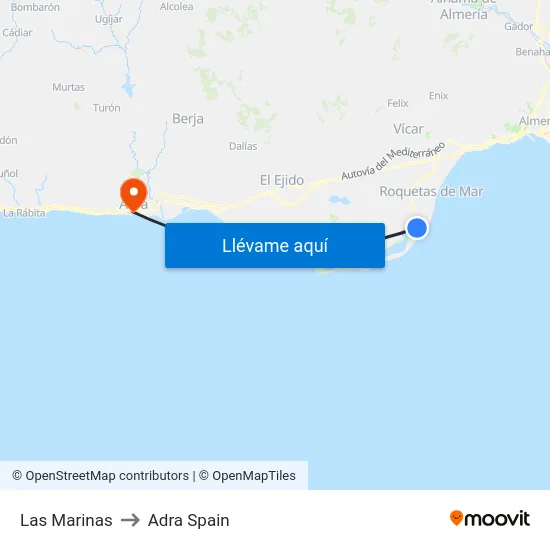 Las Marinas to Adra Spain map