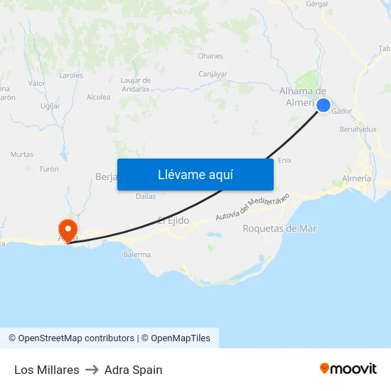 Los Millares to Adra Spain map