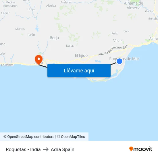 Roquetas - India to Adra Spain map