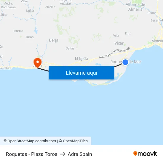 Roquetas - Plaza Toros to Adra Spain map
