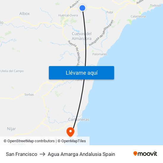 San Francisco to Agua Amarga Andalusia Spain map