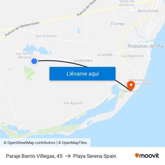 Paraje Barrio Villegas, 45 to Playa Serena Spain map