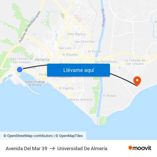 Avenida Del Mar 39 to Universidad De Almería map