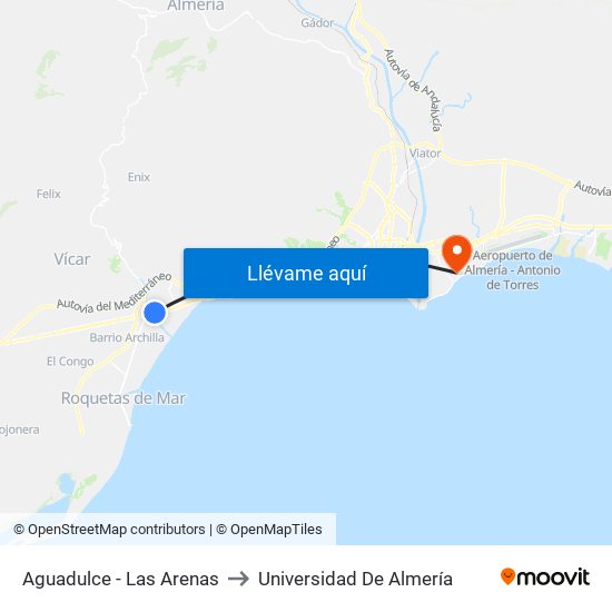 Aguadulce - Las Arenas to Universidad De Almería map