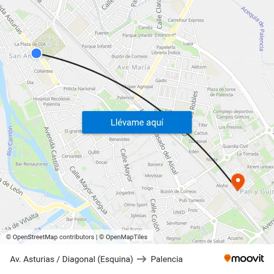 Av. Asturias / Diagonal (Esquina) to Palencia map