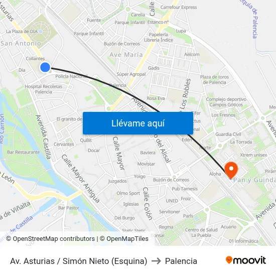 Av. Asturias / Simón Nieto (Esquina) to Palencia map