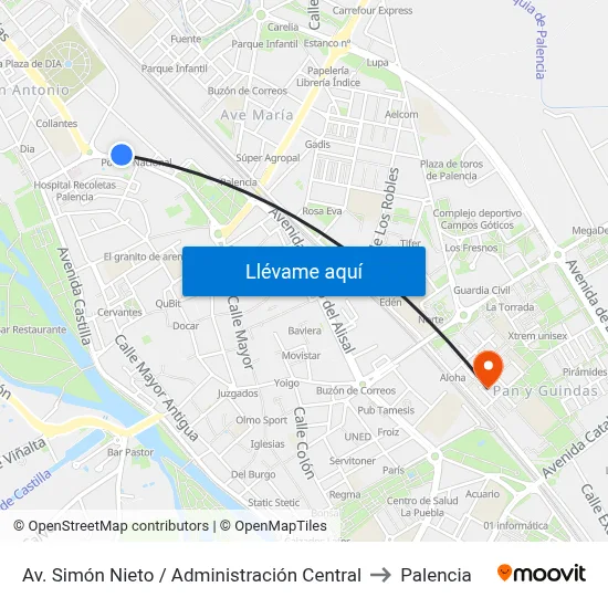 Av. Simón Nieto / Administración Central to Palencia map