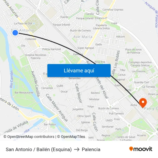 San Antonio / Bailén (Esquina) to Palencia map