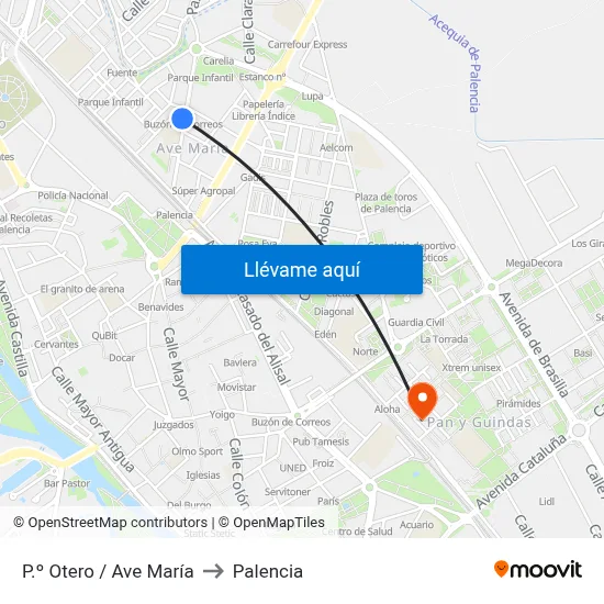P.º Otero / Ave María to Palencia map