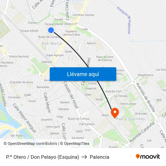 P.º Otero / Don Pelayo (Esquina) to Palencia map