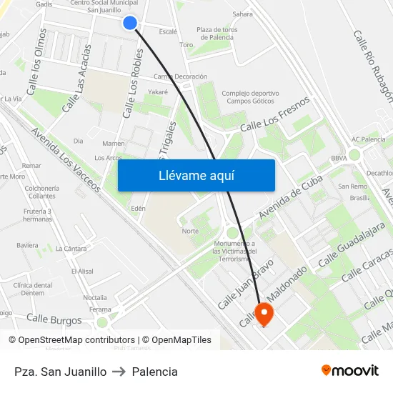 Pza. San Juanillo to Palencia map