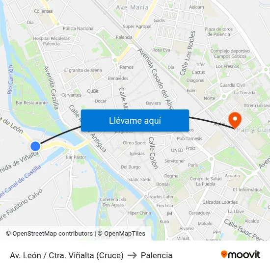 Av. León / Ctra. Viñalta (Cruce) to Palencia map