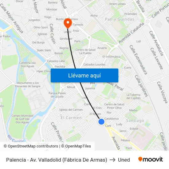 Palencia - Av. Valladolid (Fábrica De Armas) to Uned map