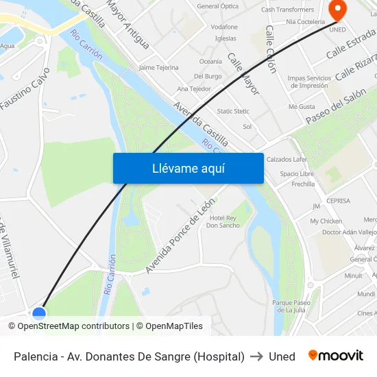 Palencia - Av. Donantes De Sangre (Hospital) to Uned map