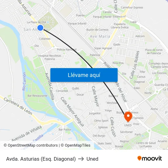 Avda. Asturias (Esq. Diagonal) to Uned map