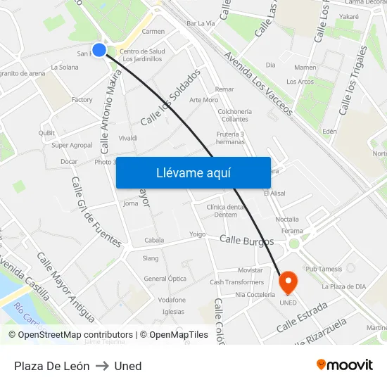 Plaza De León to Uned map