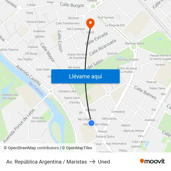 Av. República Argentina / Maristas to Uned map