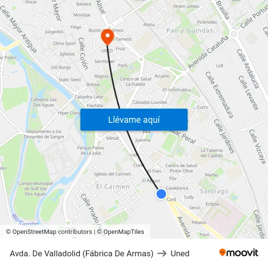 Avda. De Valladolid (Fábrica De Armas) to Uned map