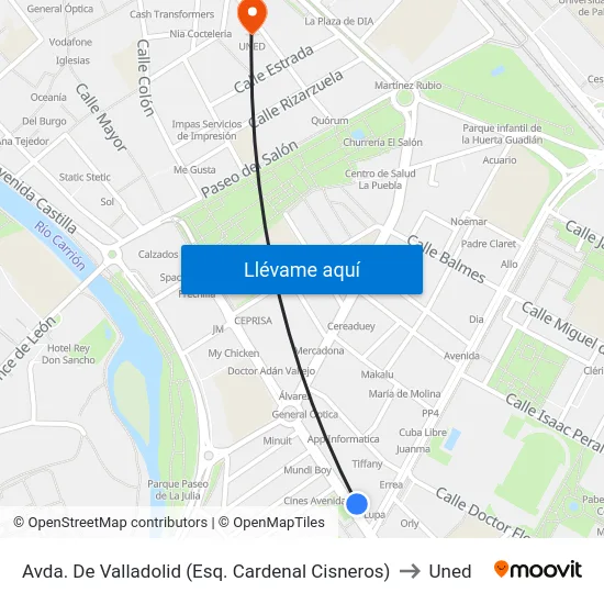 Avda. De Valladolid (Esq. Cardenal Cisneros) to Uned map
