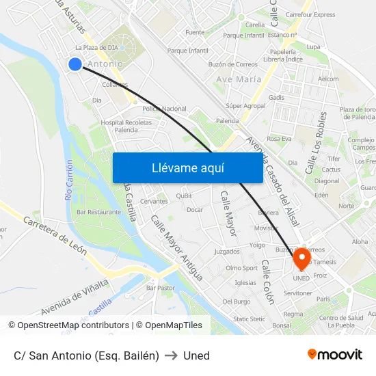 C/ San Antonio (Esq. Bailén) to Uned map