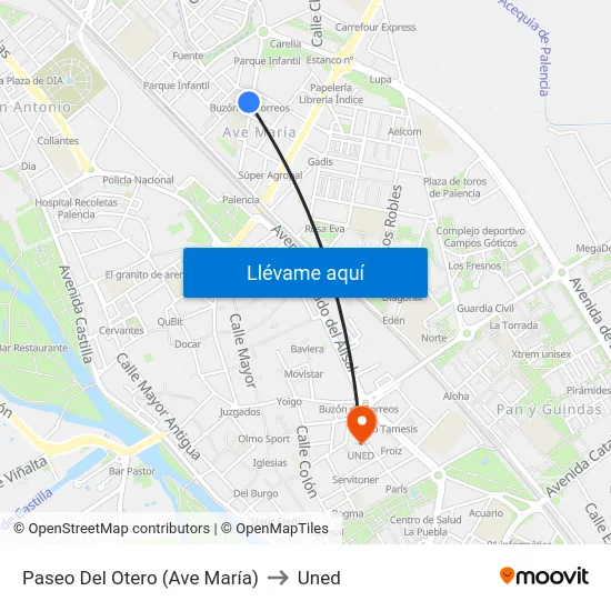 Paseo Del Otero (Ave María) to Uned map