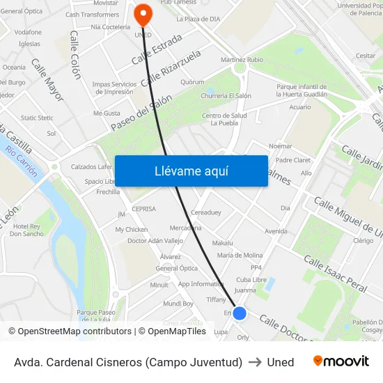 Avda. Cardenal Cisneros (Campo Juventud) to Uned map