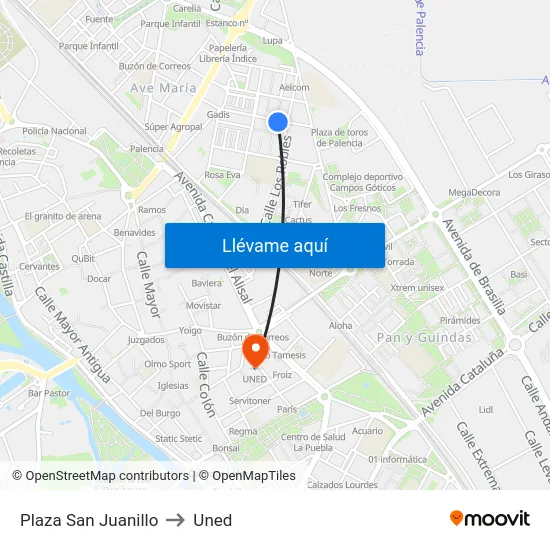 Plaza San Juanillo to Uned map