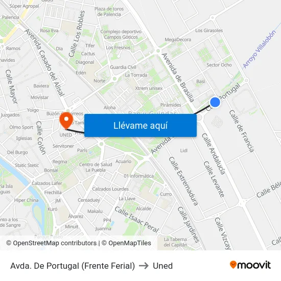 Avda. De Portugal (Frente Ferial) to Uned map