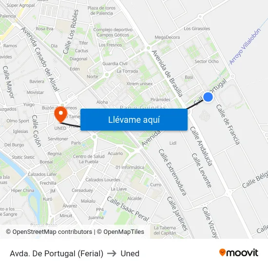 Avda. De Portugal (Ferial) to Uned map