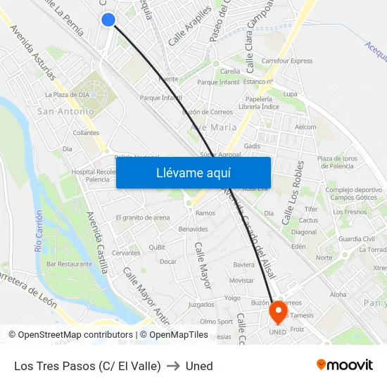 Los Tres Pasos (C/ El Valle) to Uned map