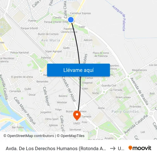 Avda. De Los Derechos Humanos (Rotonda Avda. De Santander) to Uned map