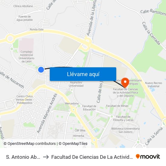 S. Antonio Abad (Salida) to Facultad De Ciencias De La Actividad Física Y Del Deporte map