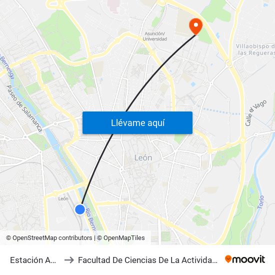 Estación Autobuses to Facultad De Ciencias De La Actividad Física Y Del Deporte map