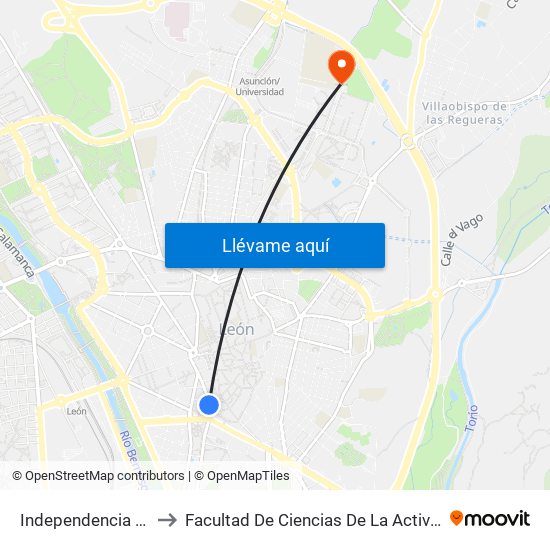 Independencia (Fte. Correos) to Facultad De Ciencias De La Actividad Física Y Del Deporte map