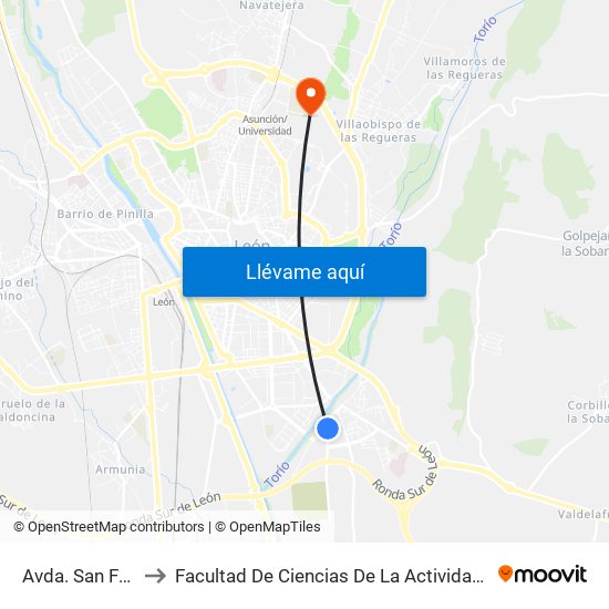 Avda. San Froilán, 22 to Facultad De Ciencias De La Actividad Física Y Del Deporte map