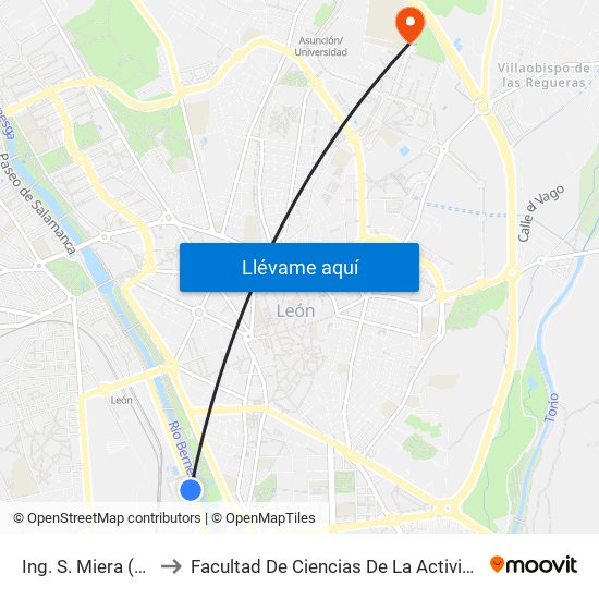 Ing. S. Miera (P. Deportes) to Facultad De Ciencias De La Actividad Física Y Del Deporte map