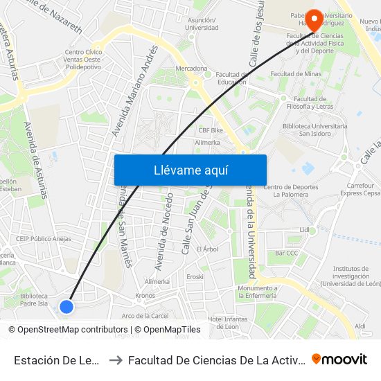 Estación De León - Matallana to Facultad De Ciencias De La Actividad Física Y Del Deporte map