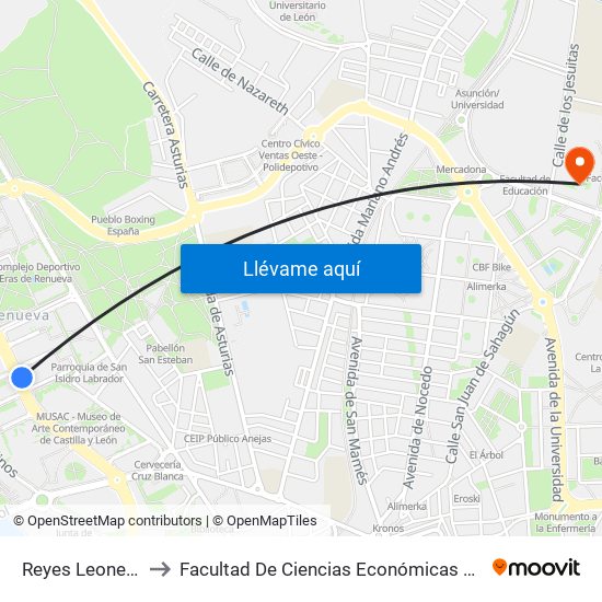 Reyes Leoneses, 28 to Facultad De Ciencias Económicas Y Empresariales map