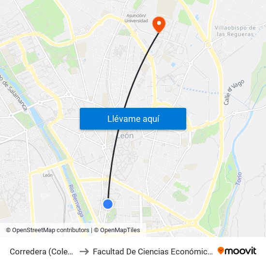 Corredera (Colegio Leonés) to Facultad De Ciencias Económicas Y Empresariales map