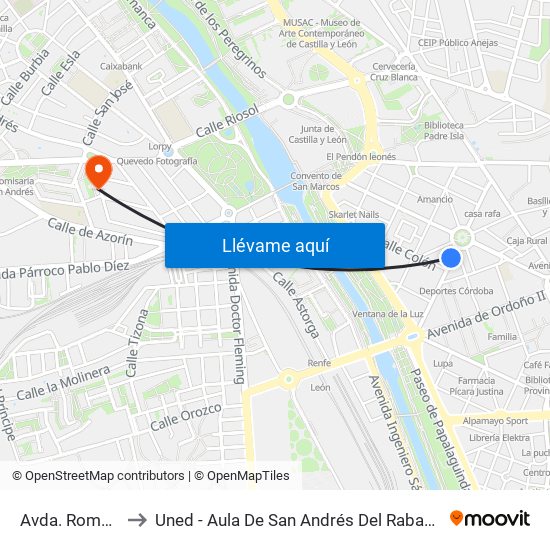 Avda. Roma, 2 to Uned - Aula De San Andrés Del Rabanedo map