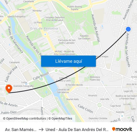 Av. San Mamés, 107 to Uned - Aula De San Andrés Del Rabanedo map